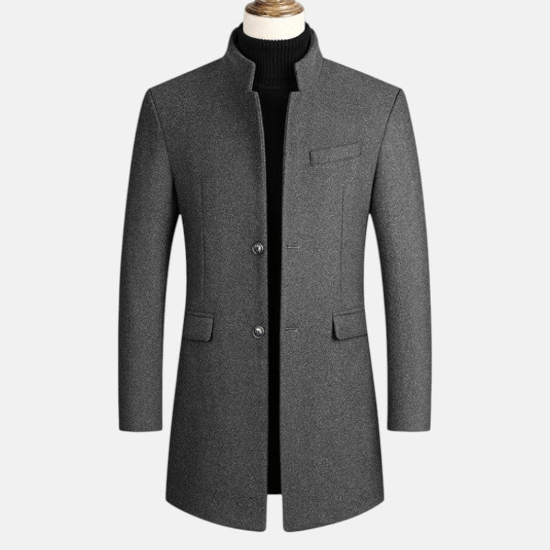 Men's slim-fit overcoat stand collar single-breasted closure straight-cut modern winter office coat