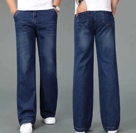 Men's blue denim bootcut jeans retro 70s flared leg straight hip slim thigh timeless fit