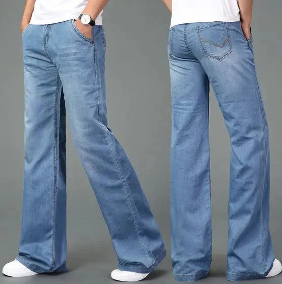 Men's blue denim bootcut jeans retro 70s style straight hip slim thigh subtle flare leg