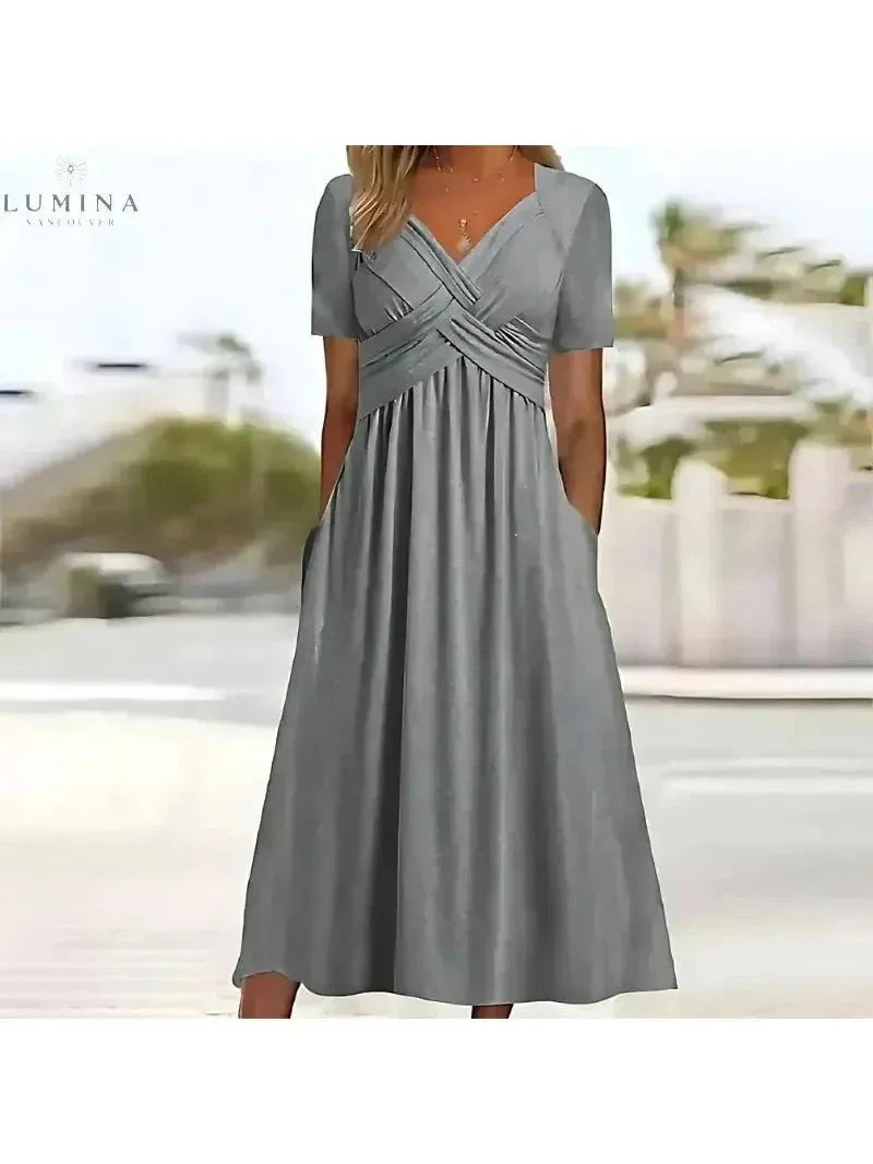 Leila women's dress tummy coverage flattering silhouette elegant midi cut confidence-boosting design