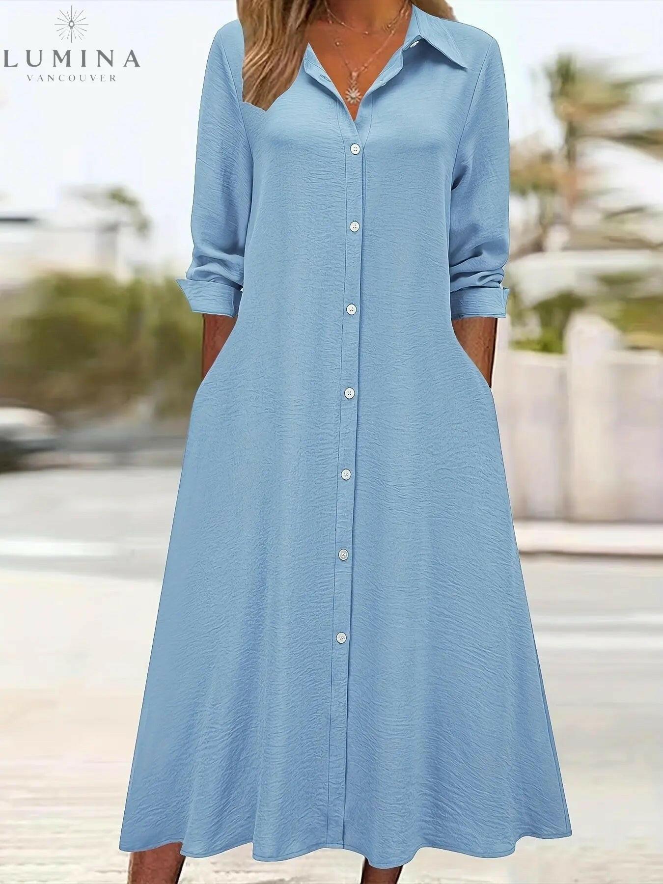 Charlotte button-front shirt dress women midi A-line silhouette long sleeves classic versatile style