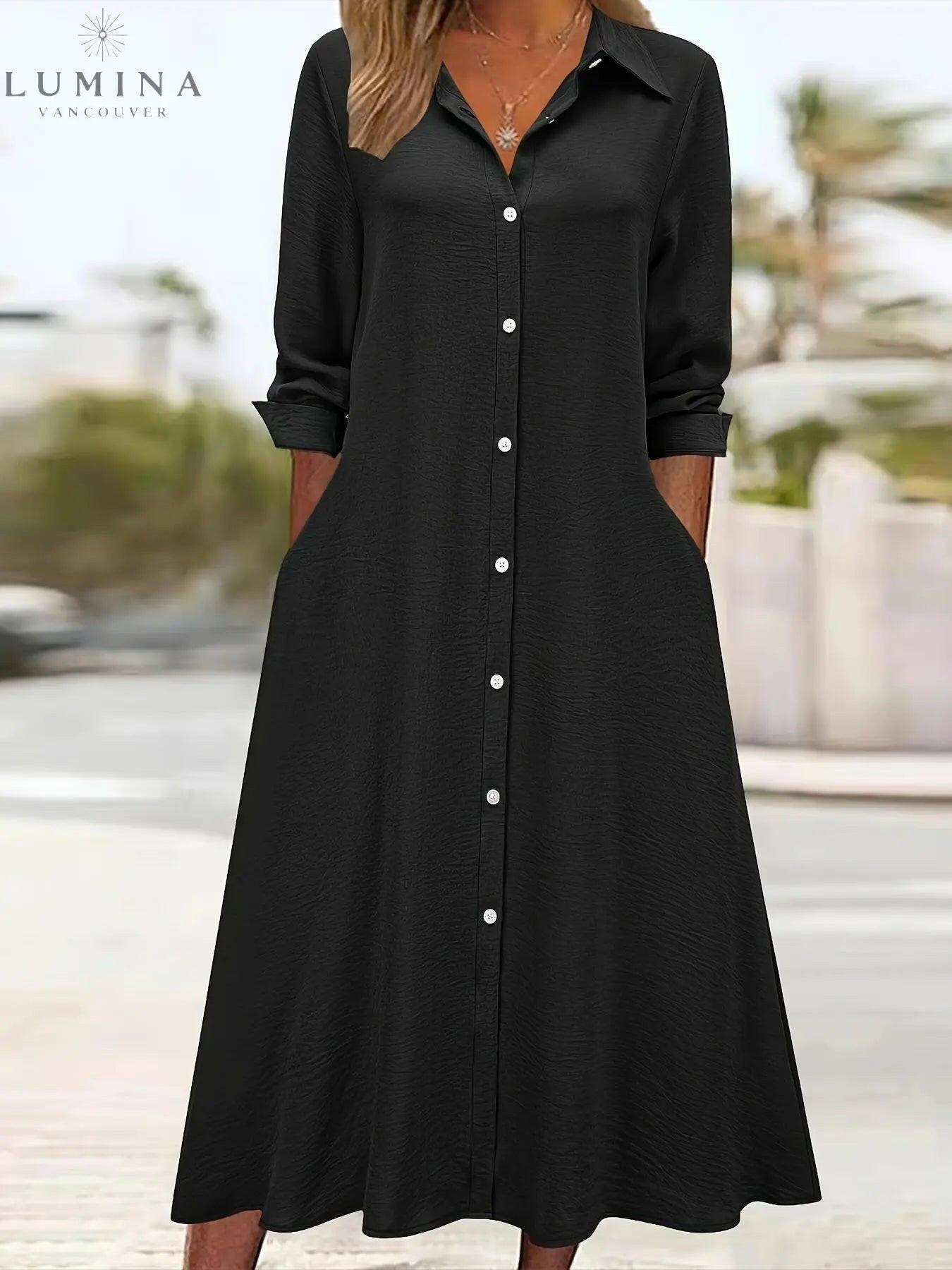 Charlotte button-front shirt dress women midi A-line silhouette long sleeves versatile all-season style