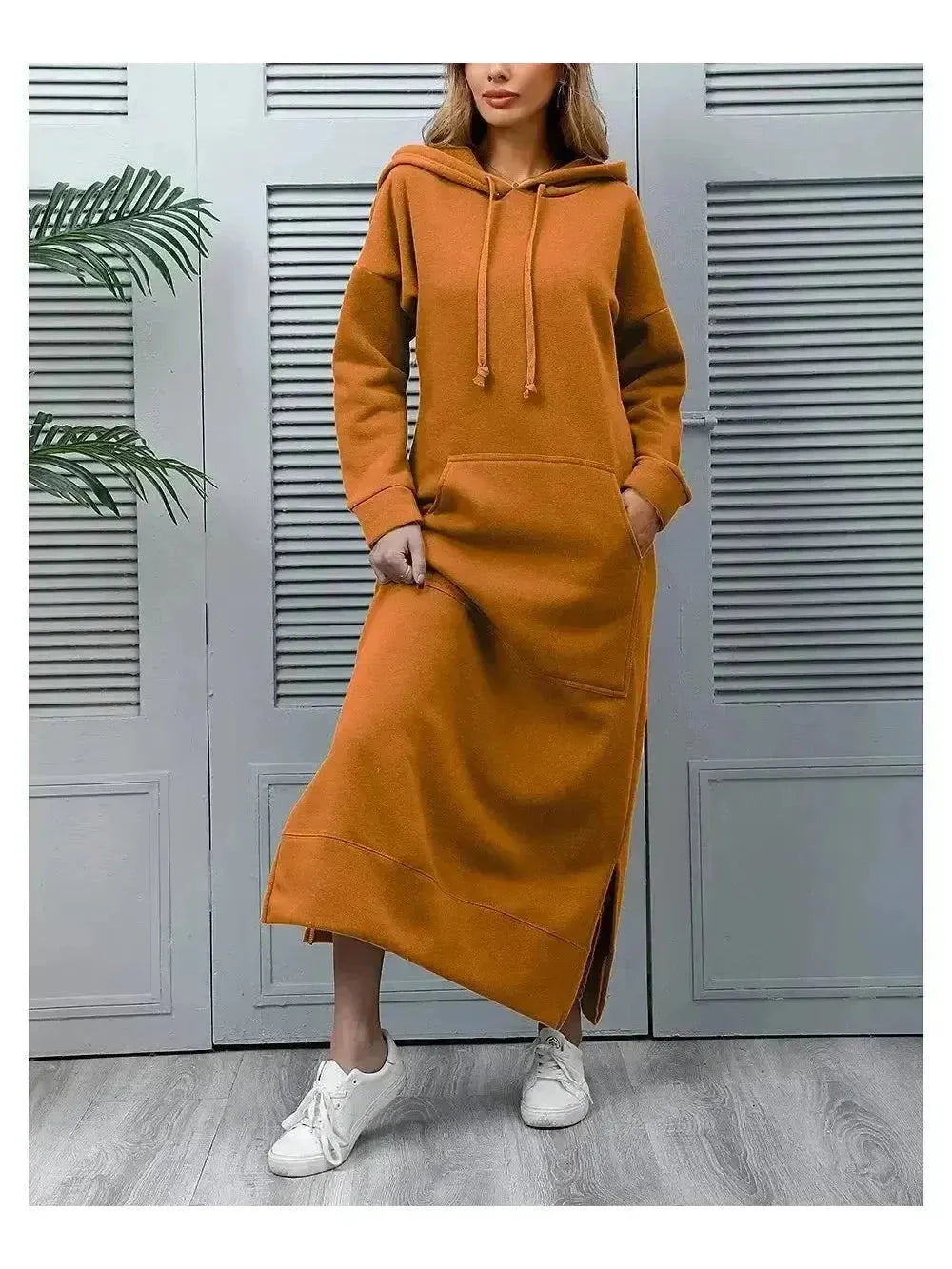 Women's gray hooded dress relaxed fit cozy soft fabric with integrated hood for casual everyday wear