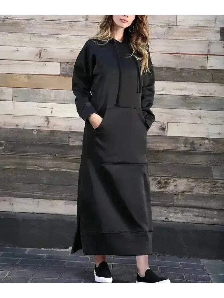 Women's gray hooded dress relaxed fit soft fabric with integrated hood for casual everyday wear