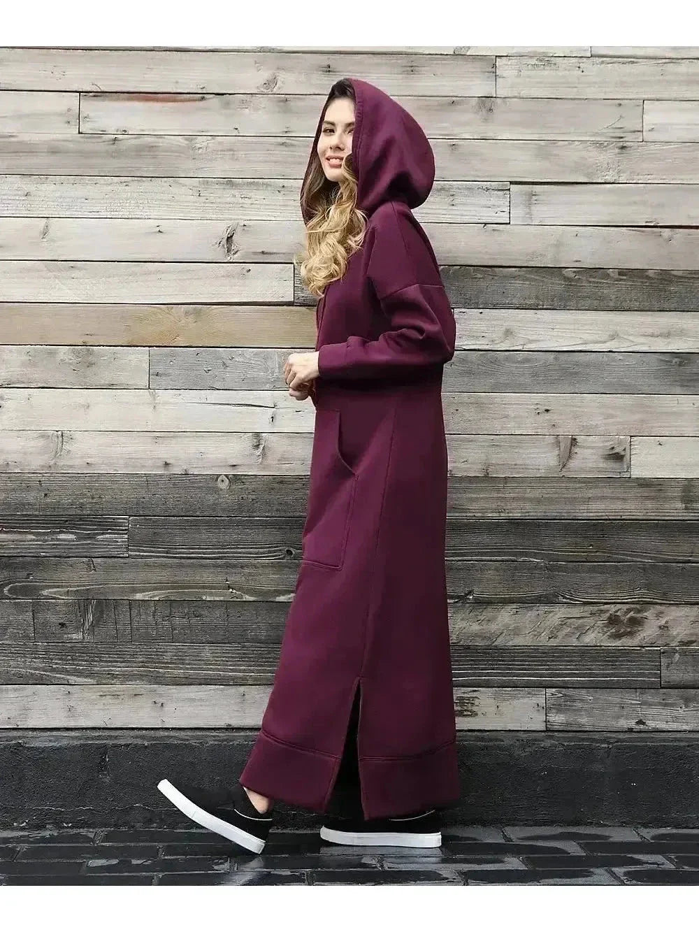 Women's grey hooded dress relaxed fit soft fabric casual everyday style with cozy hood