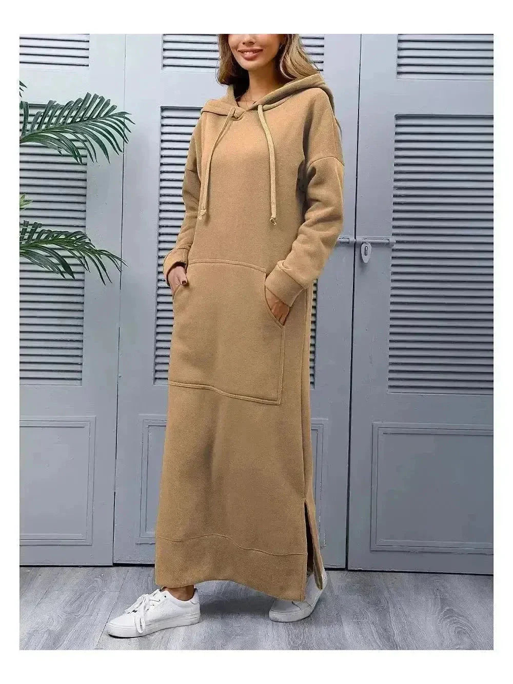 Women's gray hooded dress relaxed fit soft fabric casual everyday style with integrated hood