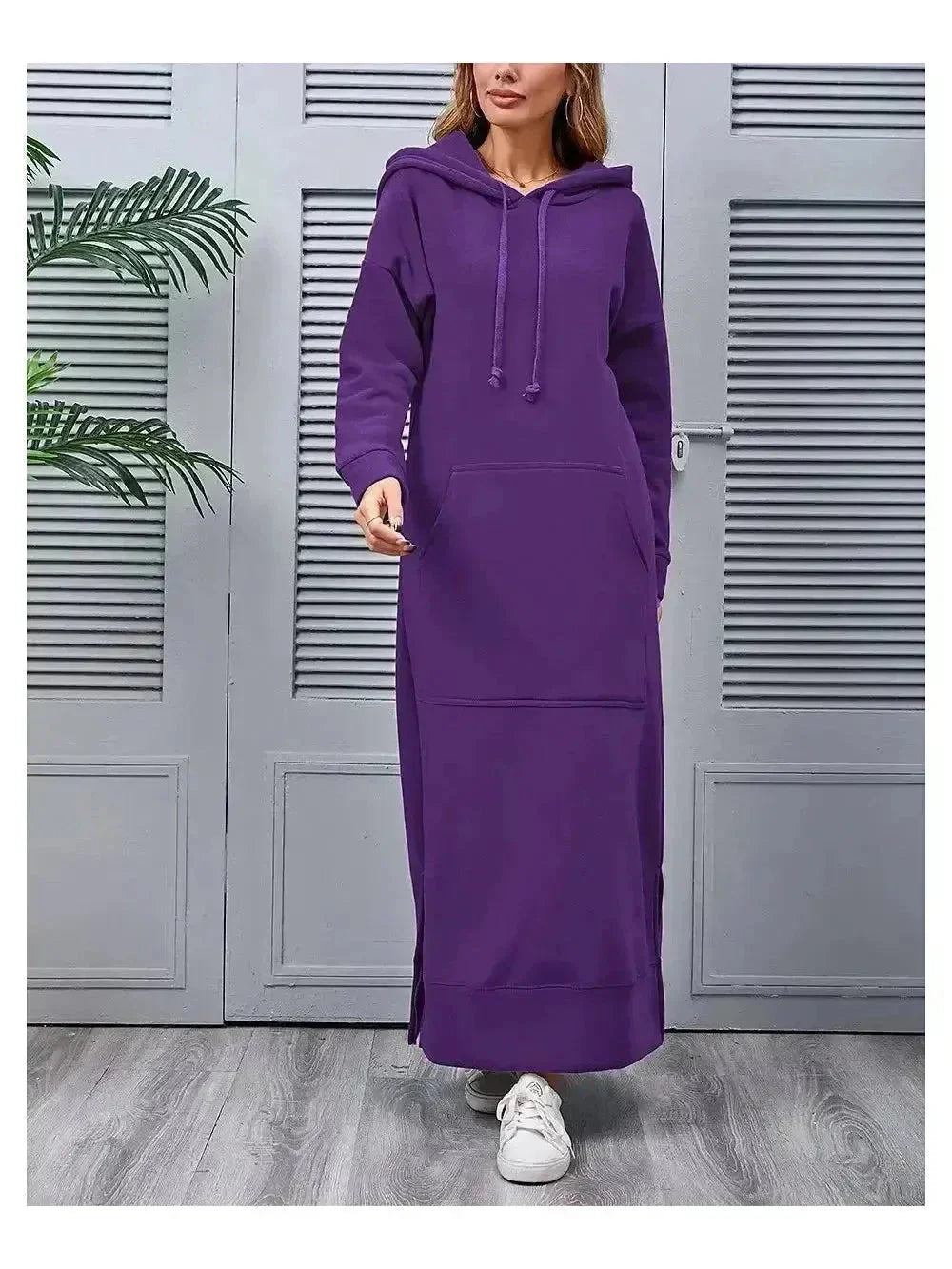 Women's gray hooded dress relaxed fit cozy soft fabric with integrated hood for casual everyday wear