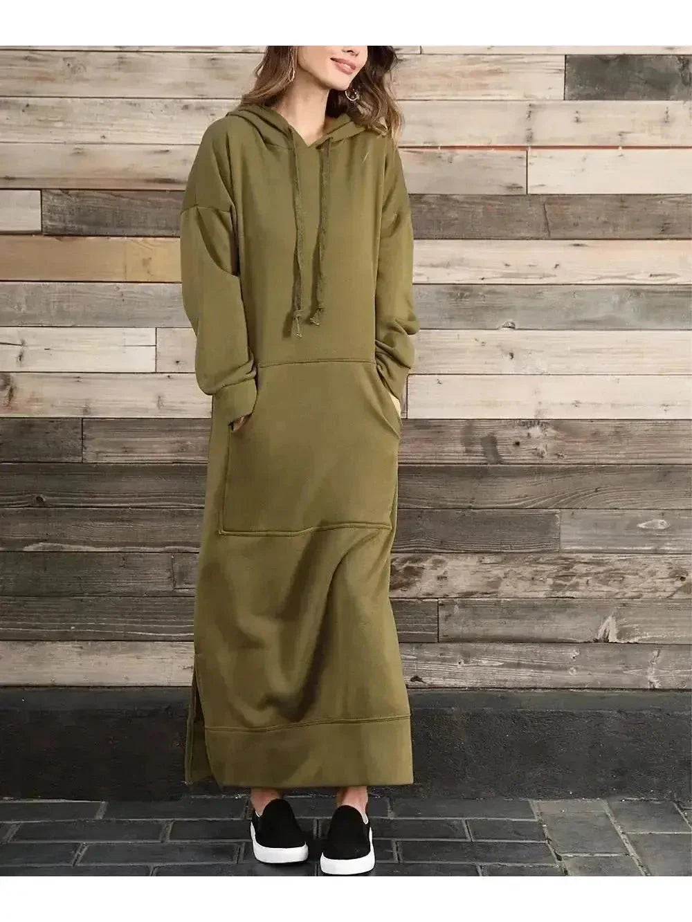 Women's gray hooded dress relaxed fit soft fabric casual everyday style with integrated hood