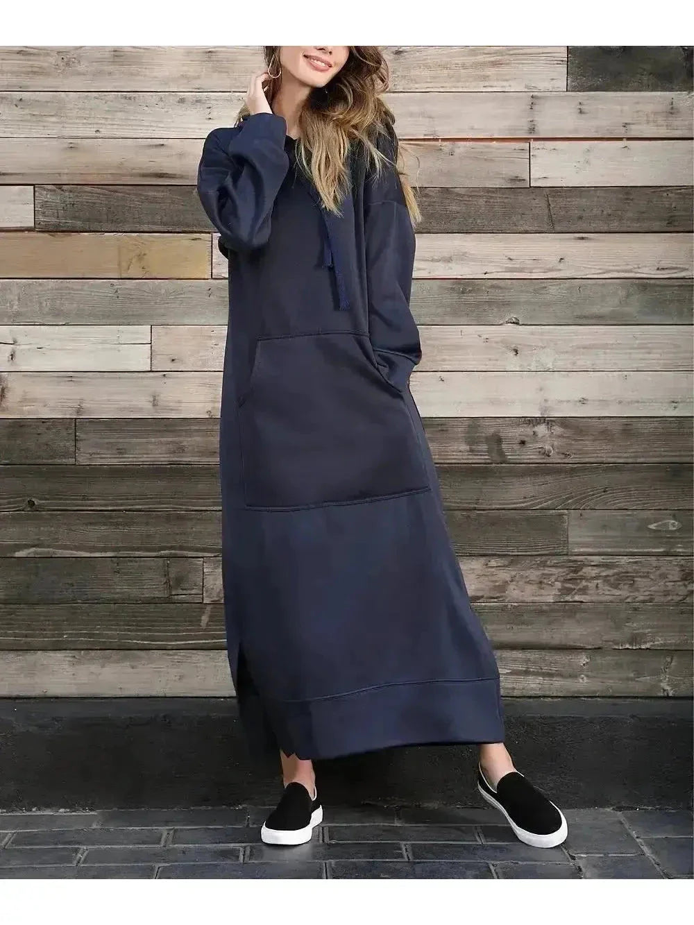 Women's grey hooded dress relaxed fit soft fabric casual everyday style with integrated hood