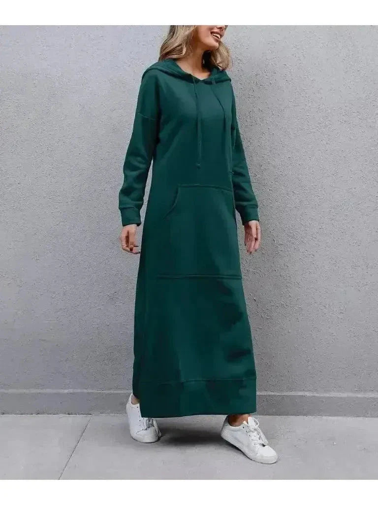 Women's gray hooded dress relaxed fit cozy soft fabric with integrated hood for casual everyday wear