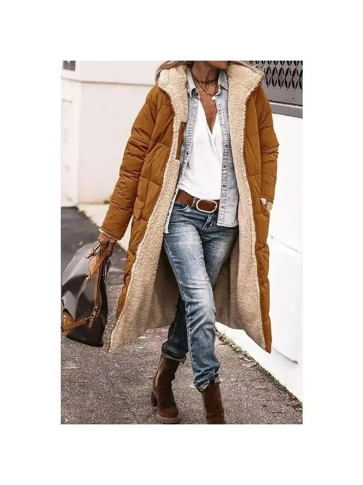 Women's reversible longline fur jacket black sherpa-lined ultra-warm tailored winter coat