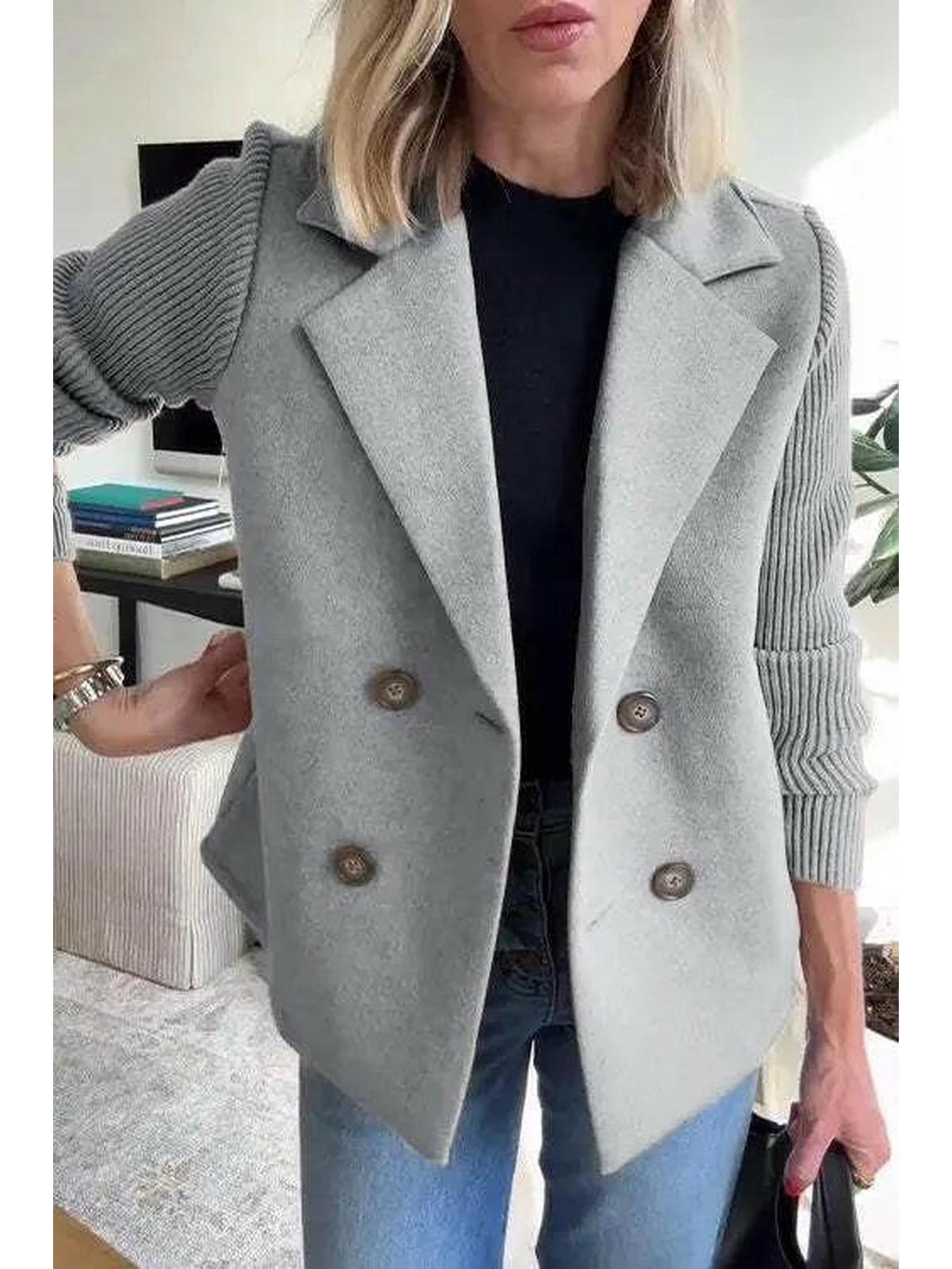 Harper beige patchwork button-front relaxed coat with contrast sleeve panels for women