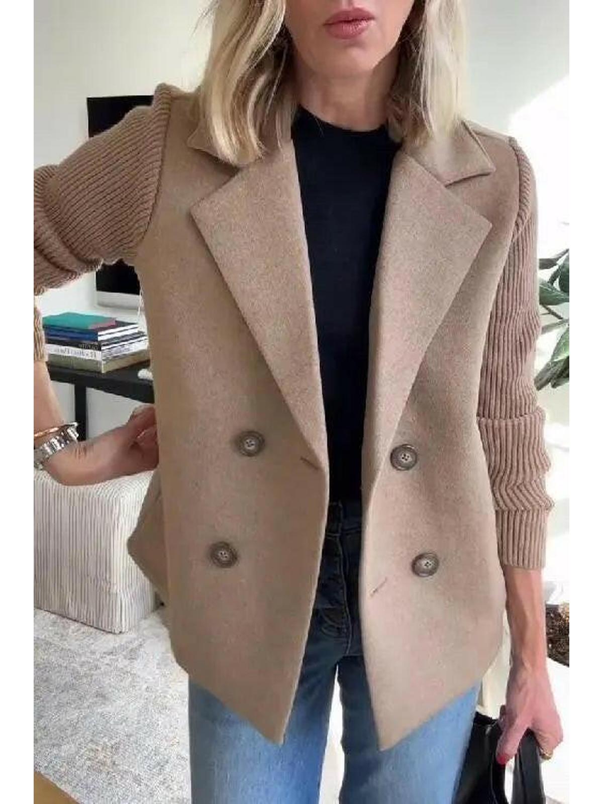 Harper beige patchwork button-front relaxed coat with contrast sleeve panels for women