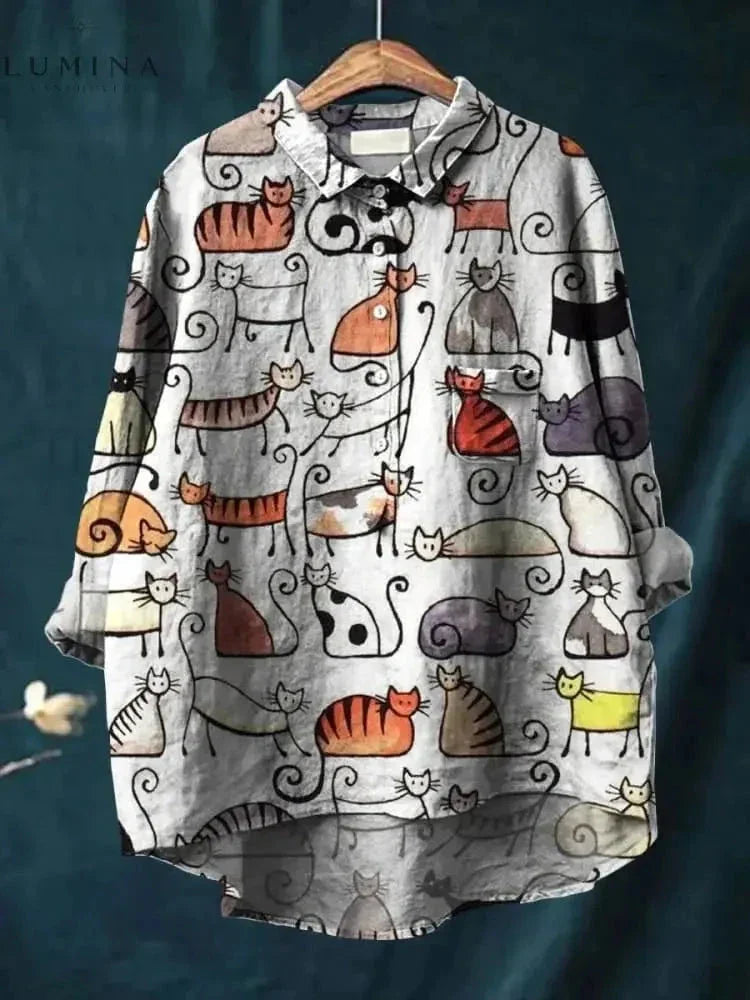 Unisex white long-sleeve cotton tee vibrant cat art graphic print over-hip length
