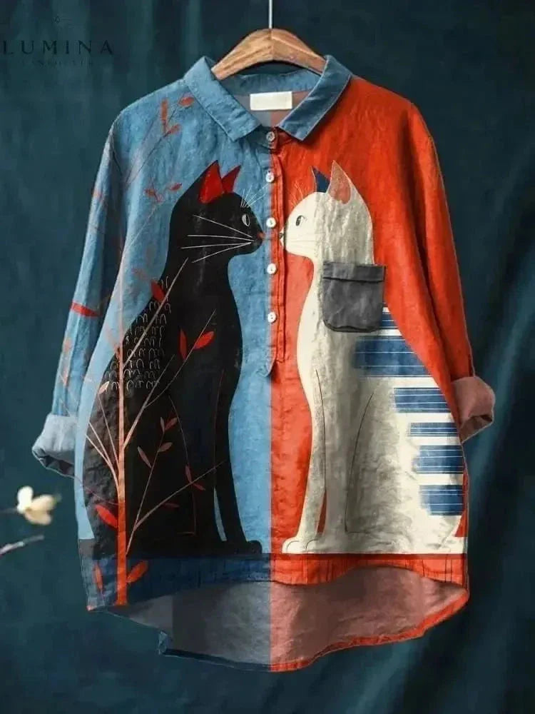 Unisex white long-sleeve cotton tee vibrant cat art graphic print over-hip length relaxed fit