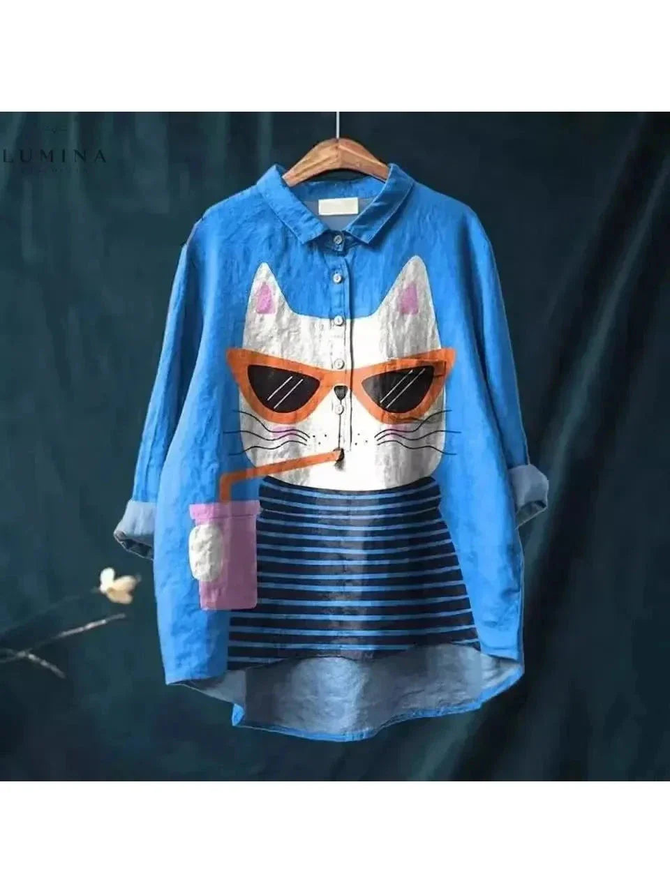 Unisex white long-sleeve cotton tee vibrant cat art graphic print over-hip length