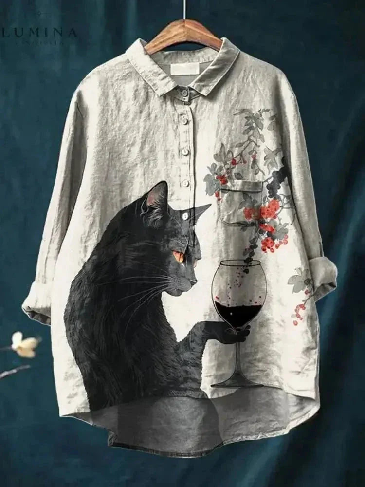 Unisex white long sleeve cotton tee with vibrant cat art graphic print and relaxed over-hip fit