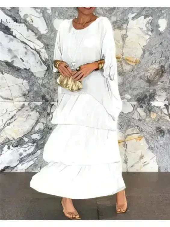 Caroline loose round neck maxi dress, fluid silhouette, elegant feminine style for women