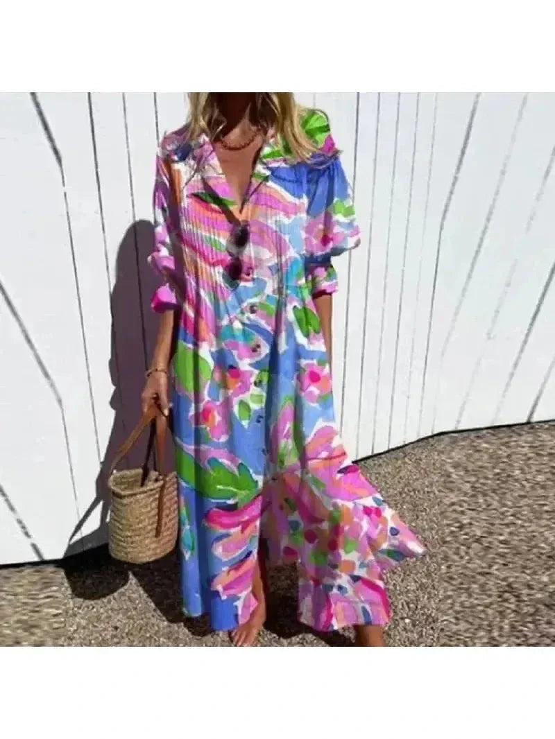 Colorful boho maxi dress women flowing silhouette lightweight vibrant pattern bohemian style