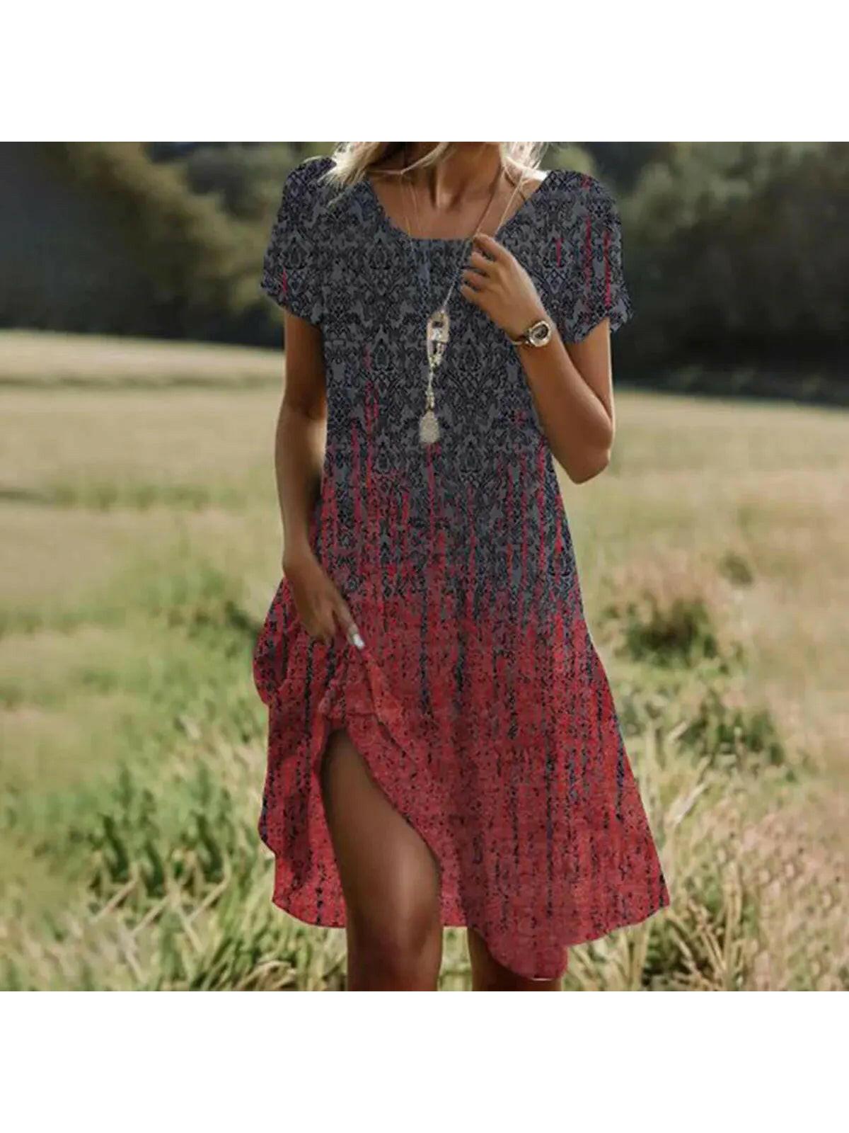 Women's boho floral print dress relaxed flowy silhouette V-neckline high-waist cut summer lightweight