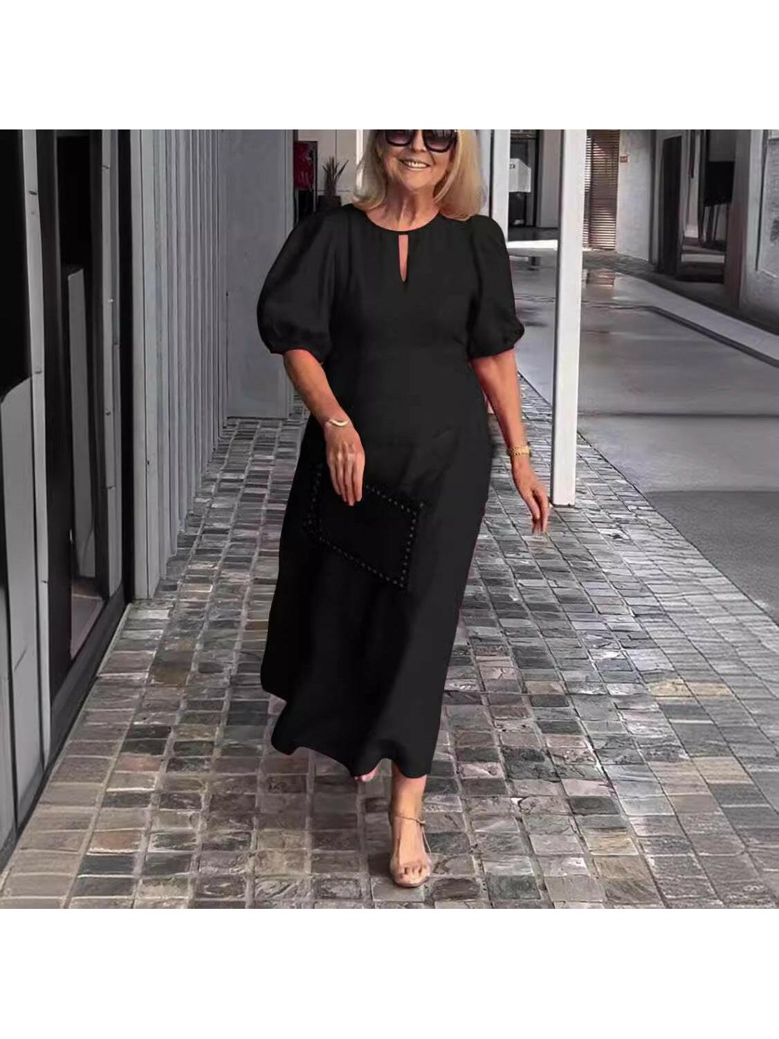 Carla elegant midi dress with chic puff sleeves, timeless formal style for modern women