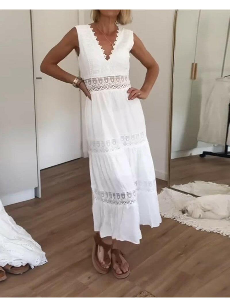 Women's ivory lace V-neck cami maxi dress with flowy bohemian silhouette and plunging neckline