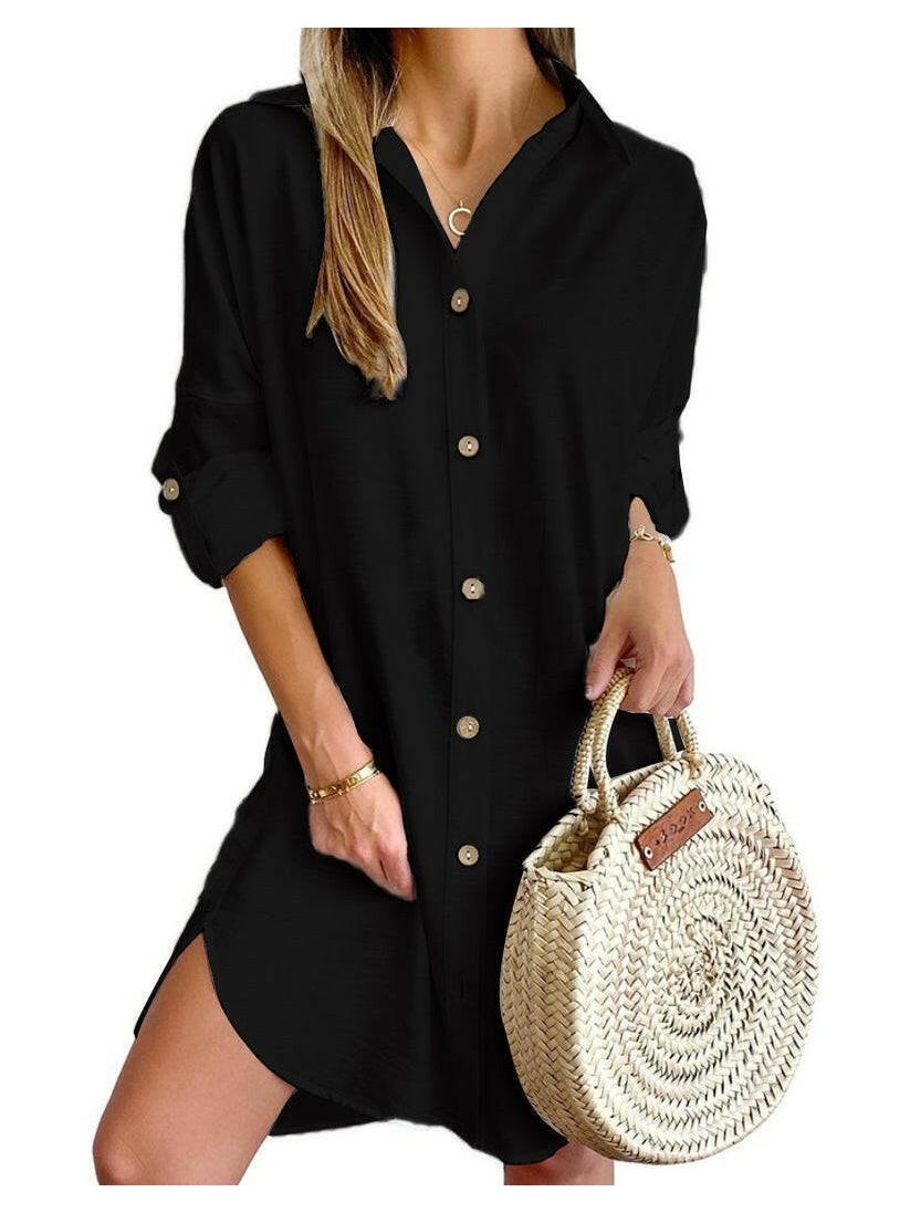 Cassy women's button-up shirt dress relaxed fit with roll-up sleeves for beach and casual outings