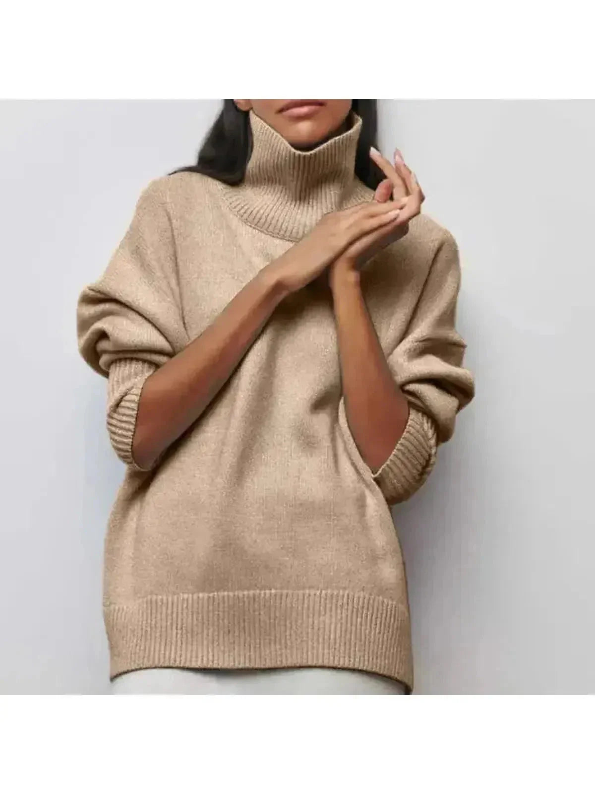 Women's oversized turtleneck sweater cozy cotton-blend knit for layering warmth effortless fall style