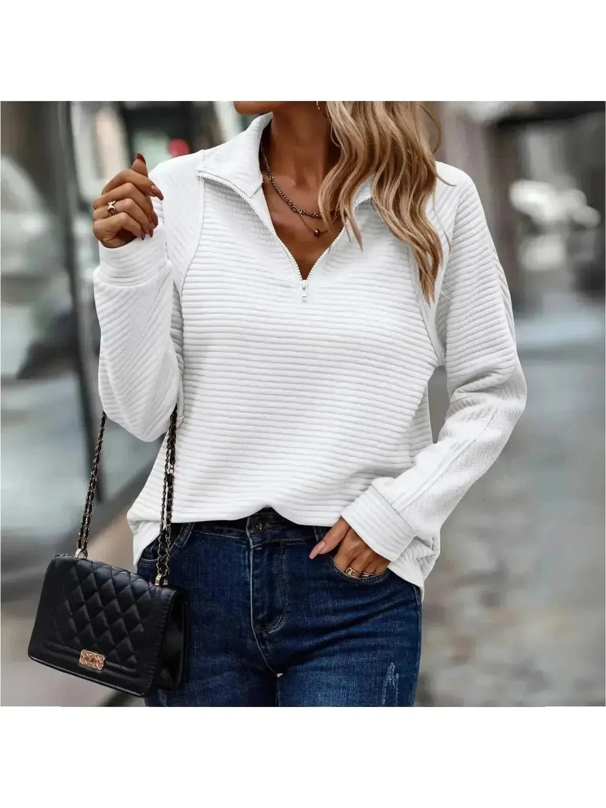 Women's elegant zip sweater flattering V-neck cut soft viscose blend everyday chic comfort