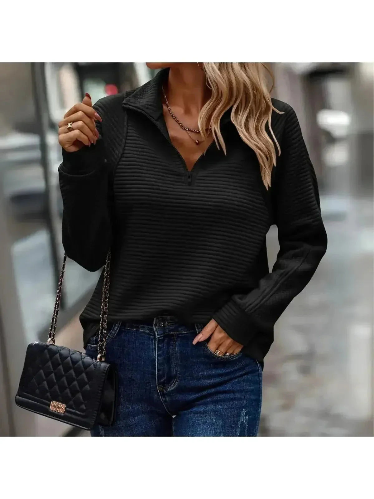 Women's elegant zip sweater V-neck flattering fit soft viscose blend everyday chic comfort