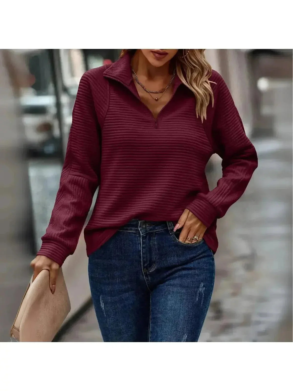 Women's elegant zip sweater slim fit V-neck viscose blend in neutral chic everyday style