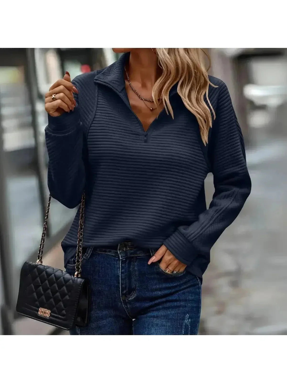 Women's elegant zip V-neck sweater slim flattering fit soft viscose blend everyday chic