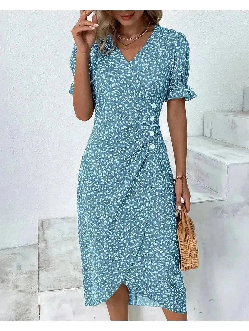 Women's floral midi dress breezy flowing silhouette vibrant print modern chic summer style