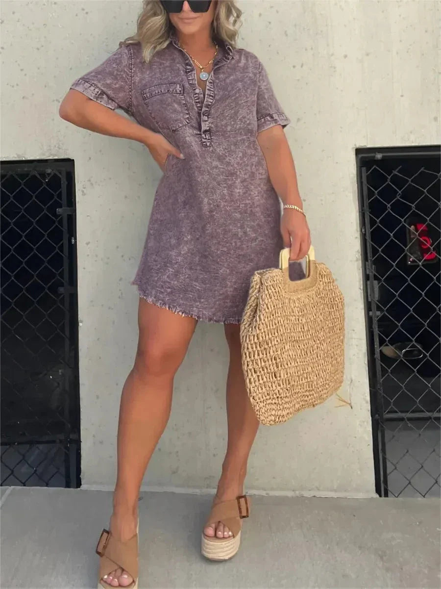 Light blue denim mini shirt dress relaxed fit with button-front placket and subtle stretch
