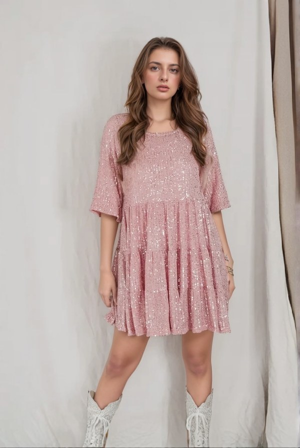 Shimmery tiered mini dress loose fit elbow sleeves lightweight sparkle fabric party style