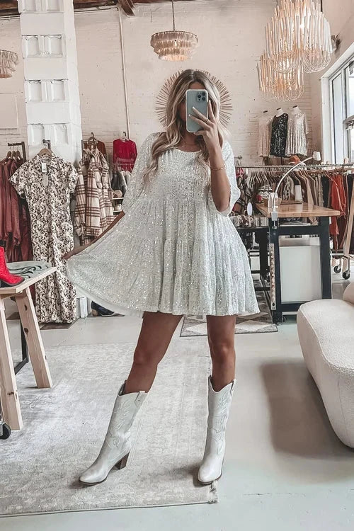 Shimmery tiered mini dress loose fit elbow sleeves lightweight sparkle party style