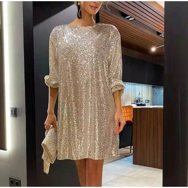 Women's loose fit silver sequin mini dress cinched waist party style – Urbann Vibe Celeste