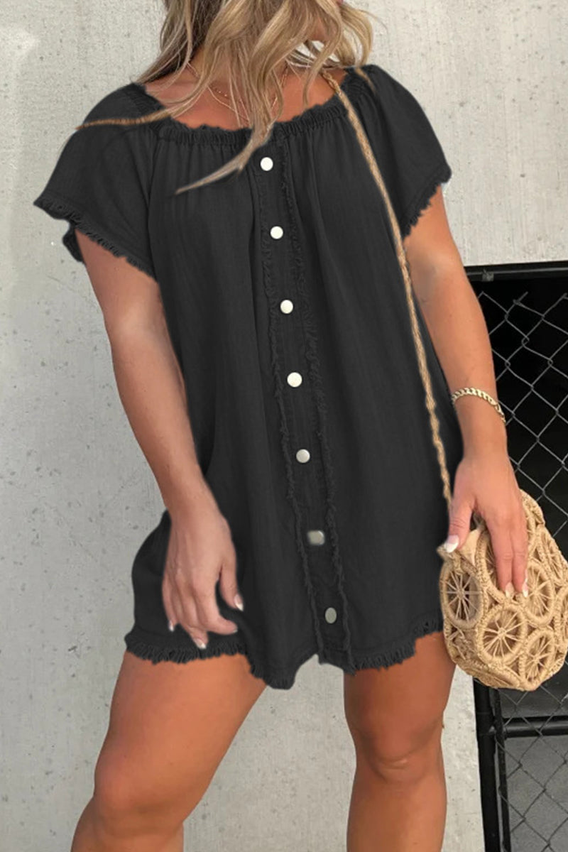 Women's off-shoulder denim mini dress in blue with button-front closure and frayed hem
