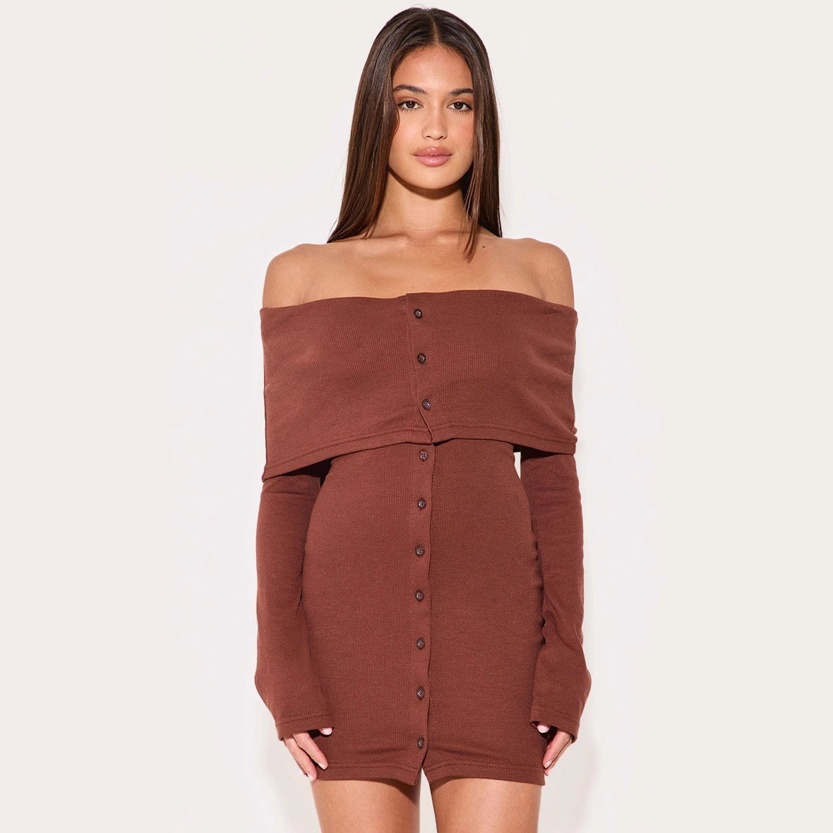 Black ribbed off-shoulder mini dress slim fit button-front sleek urban style