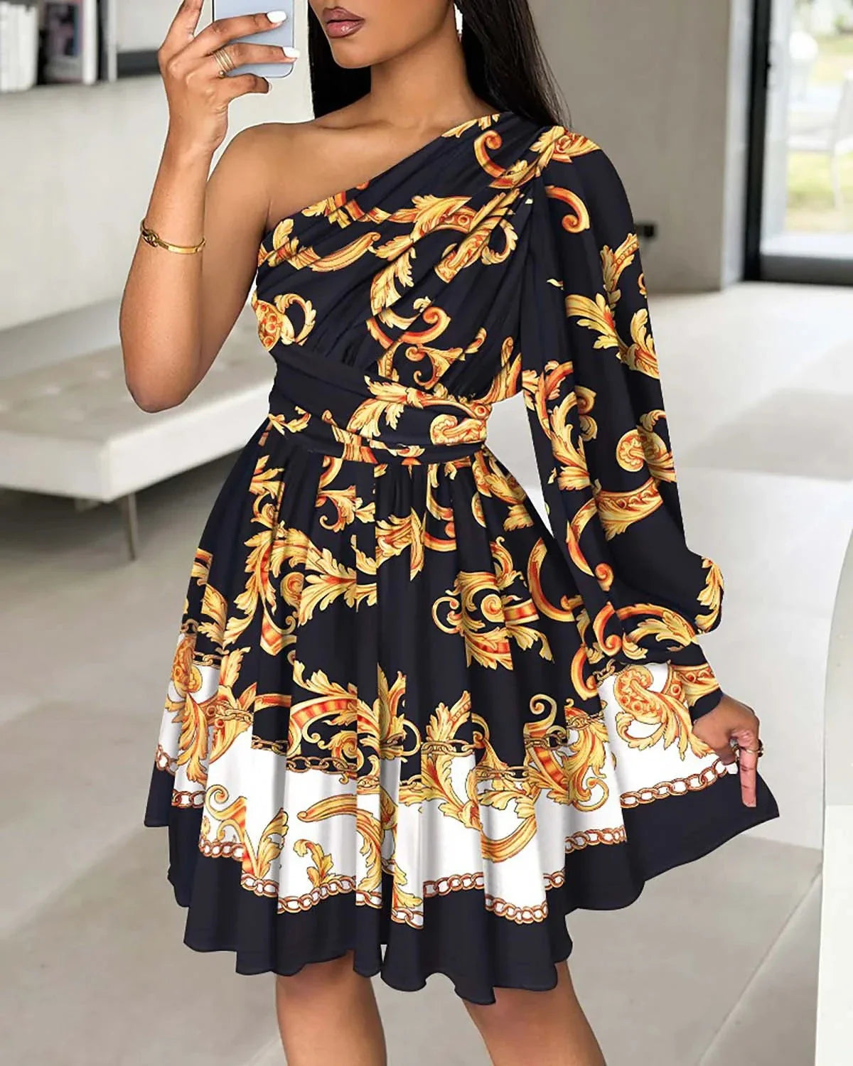 Floral print one-shoulder A-line dress with flowy skirt, bold pattern, effortless day-to-night elegance