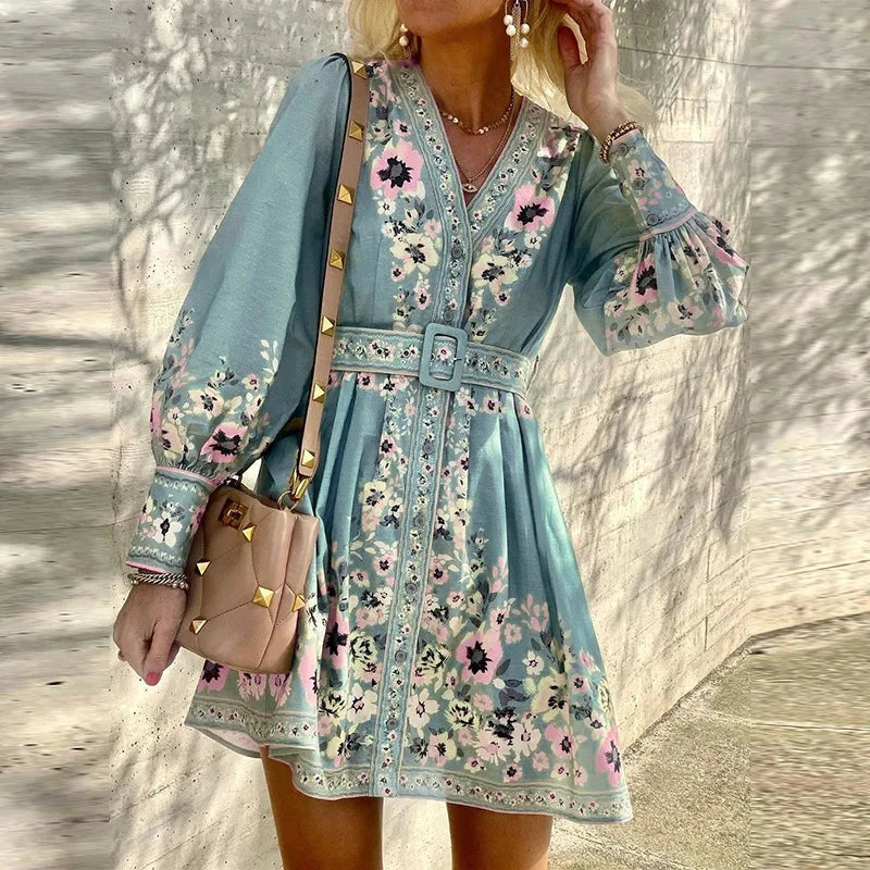 Lyra A-line mini dress belted waist V-neck puff sleeves chic flared silhouette women