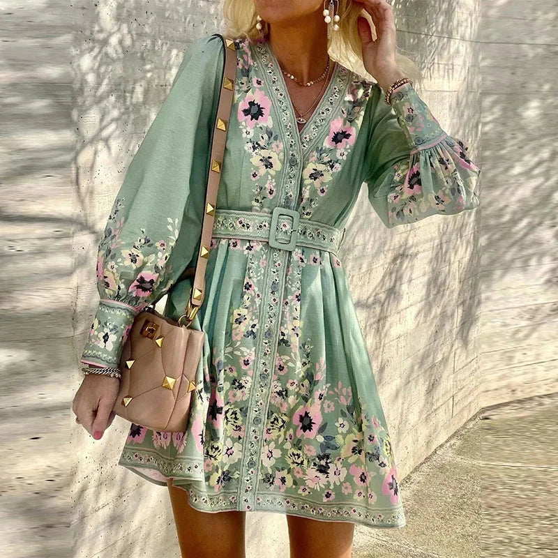 Lyra A-line mini dress with V-neck, belted waist and puff sleeves, versatile chic women's fashion