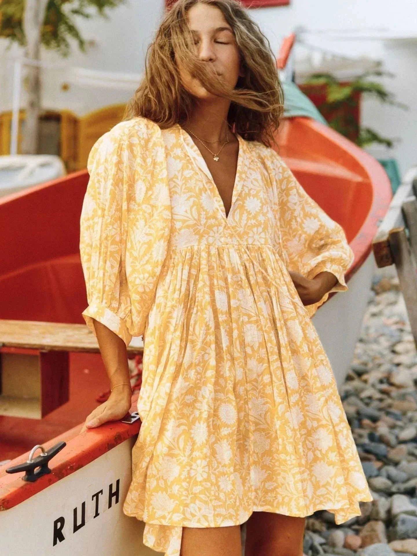 Boho floral midi dress women lightweight flowy rayon three-quarter sleeves hand-drawn print