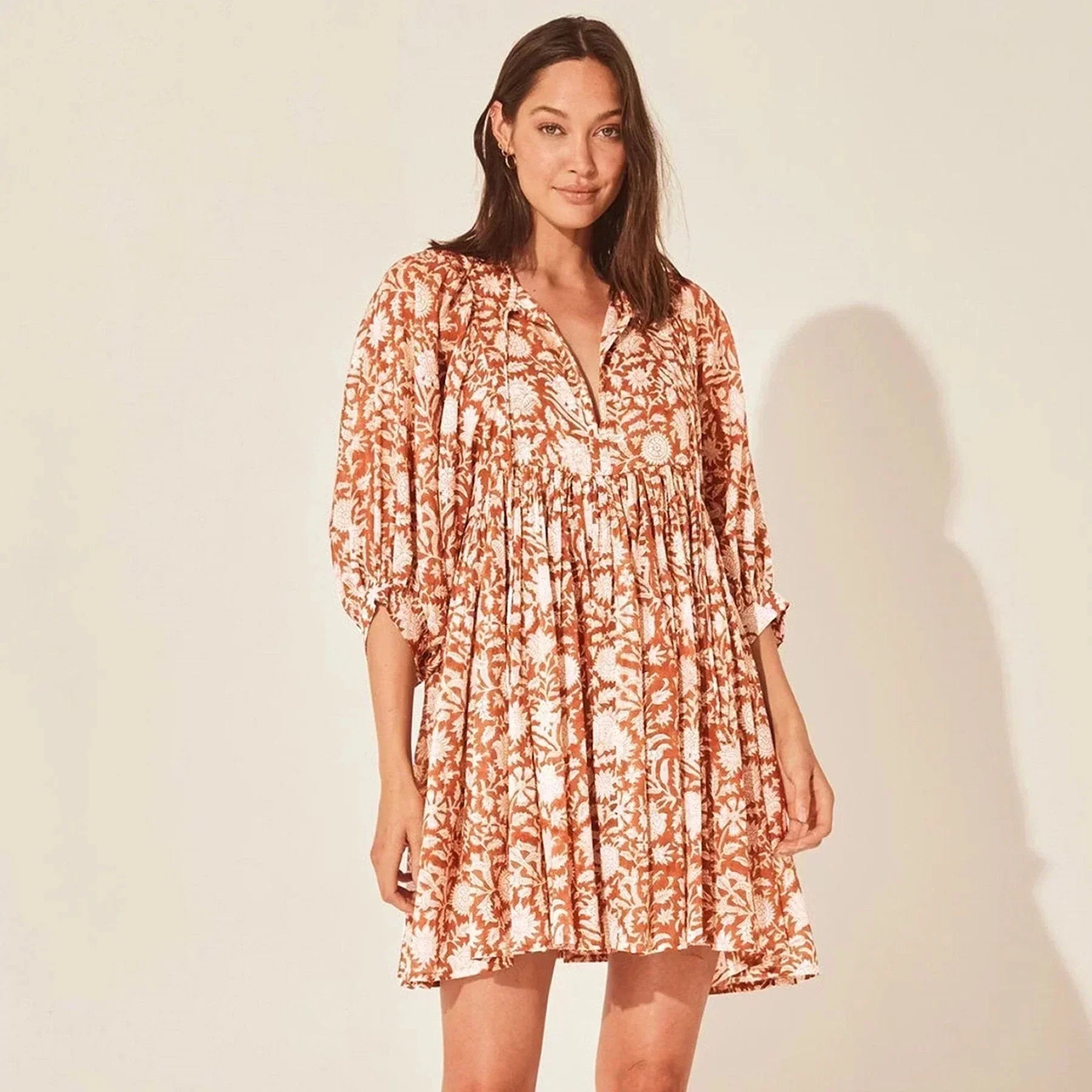 Boho floral midi dress lightweight flowy three-quarter sleeves hand-drawn print relaxed fit women