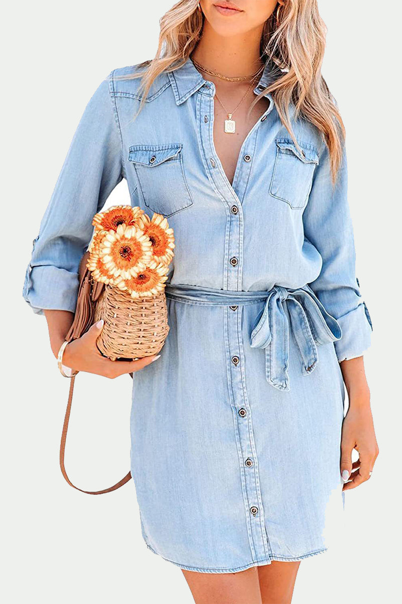 Women's blue denim shirt dress relaxed fit with adjustable self-tie belt flattering silhouette