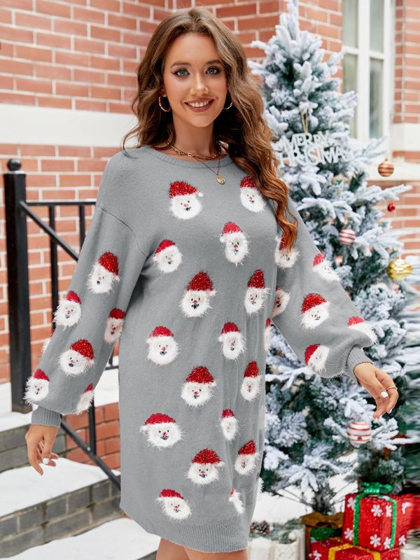 Women's loose fit knit sweatshirt mini dress with balloon sleeves in cozy winter chic style