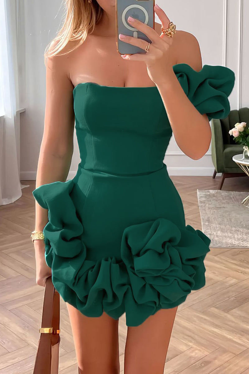 Black one-shoulder mini dress sculpted waist bold ruffle detail bodycon evening cocktail silhouette