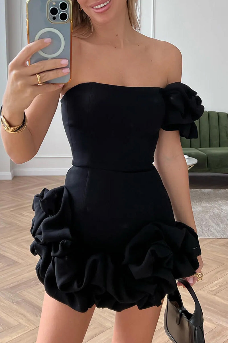 Aurelia black one-shoulder mini dress sculpted waist bold shoulder ruffle evening bodycon silhouette