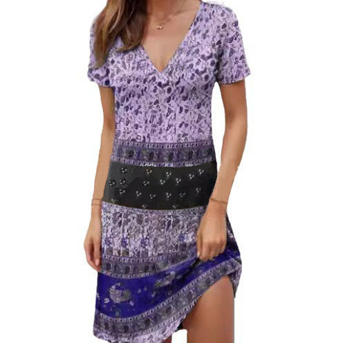 Boho patchwork mini dress deep V-neck cotton blend relaxed fit casual colorful festival style