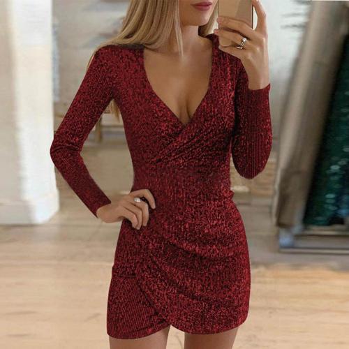 Black sparkle bodycon mini dress deep V-neck sculpting silhouette for glamour evening wear